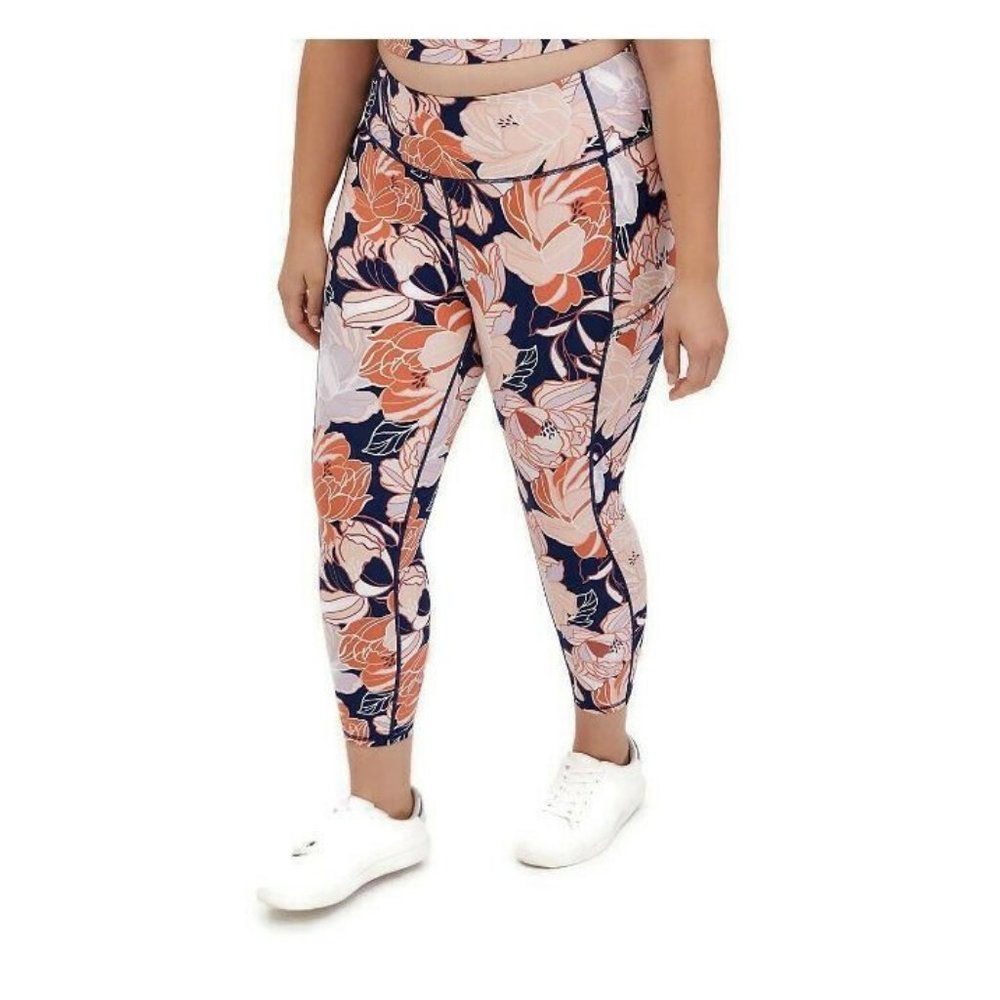 TORRID Plus Size 1X Navy Peach Floral Crop Wicking Active Leggings Pockets